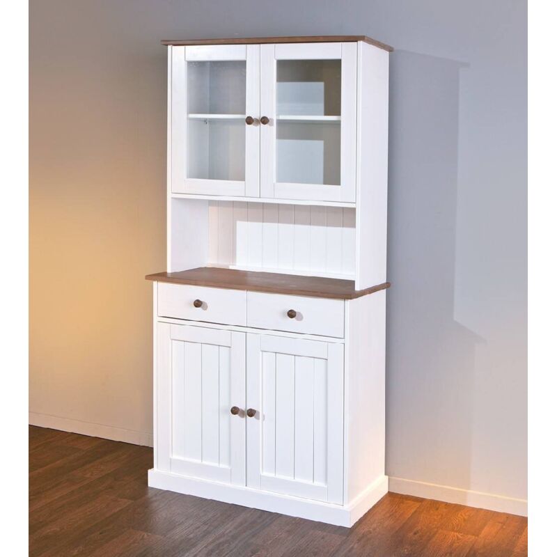 Inter Link - Buffet 2 portes 2 tiroirs en pin massif vernis à l'eau blanc et plateau finition marron