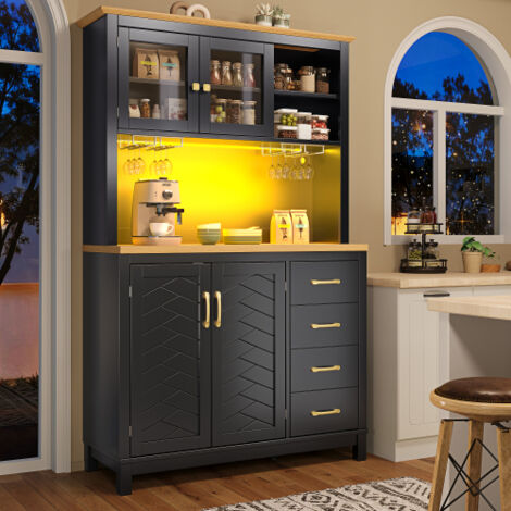 Vaisselier avec led, tiroirs, 4 portes et rangements, noir, en MDF, 105.5x40x180 cm