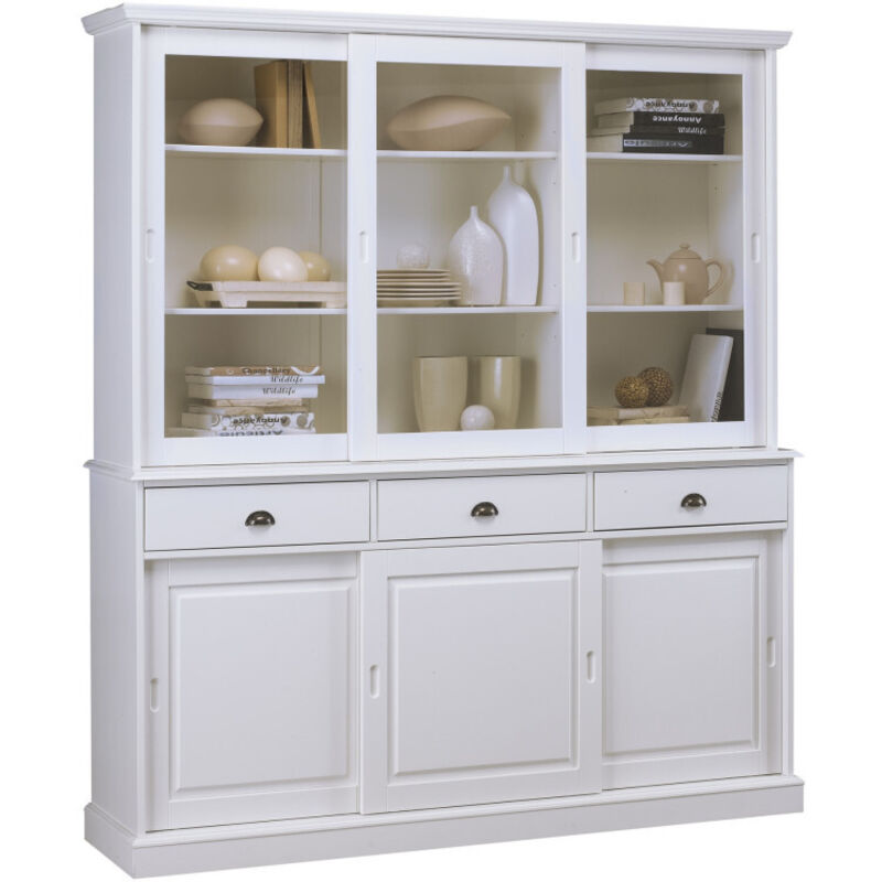 Vaisselier Blanc 6 Portes Coulissantes 3 Tiroirs 10 Niches L 178.6 H 199 P 42.3 cm