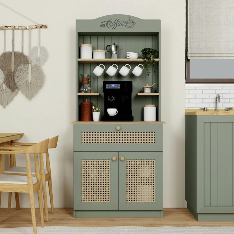 Vaisselier de cuisine vert sauge, cannage & niche café VAREN