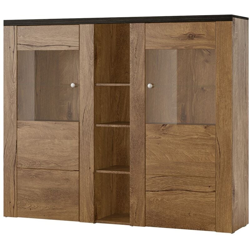 Meublorama - Vaisselier design 2 portes pour salon couleur chêne et noir effet bois. collection santiago.