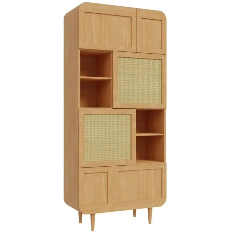 Meubletmoi - Vaisselier h. 212 cm décor chêne cannage rotin pieds en bois - vivian