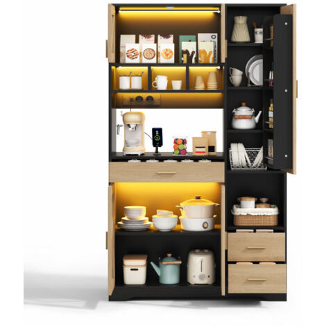 Vaisselier Haut - Armoire De Cuisine - Buffet Avec Vitrine - Style Grange - Éclairage LED - Prises Électriques - 105x40x185 cm - Bois MDF