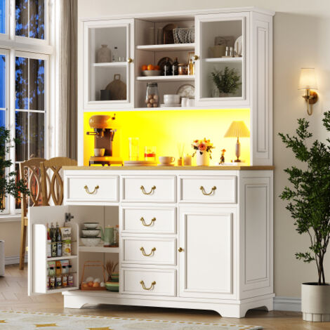 Vaisselier haut, avec Led, prises et ports usb, rangement modulable, blanc, 118x40x180 cm