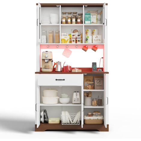 Vaisselier Style Grange - Armoire de Cuisine Haute - Meuble de Rangement Cuisine avec LED et Prises - 185x105x40 cm - Imitation Bois Vintage