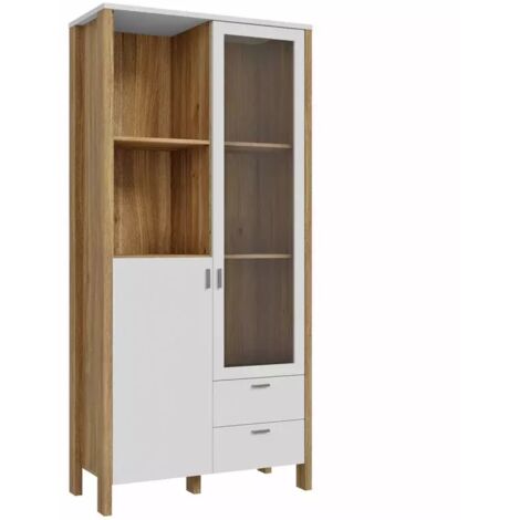 Vaisselier vitré H. 200 cm avec décor gris clair et chêne - DEVONNE
