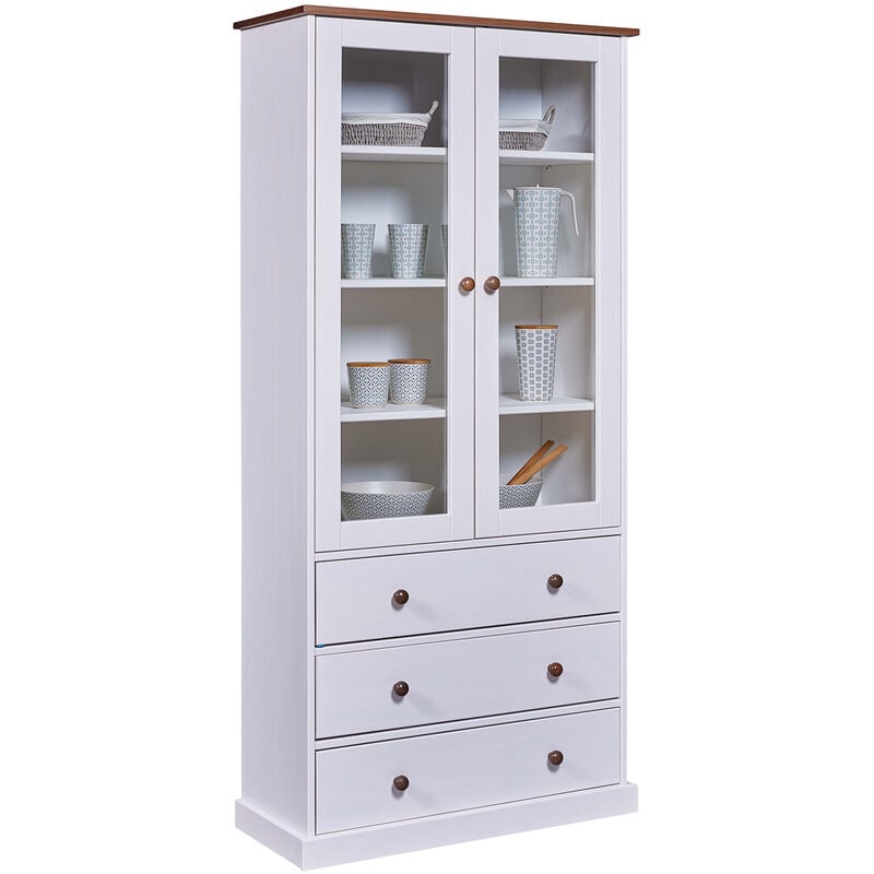 Pegane - Vaisselier vitrine en pin massif vernis blanc/sépia - Longueur 90 x Profondeur 38 x Hauteur 190 cm