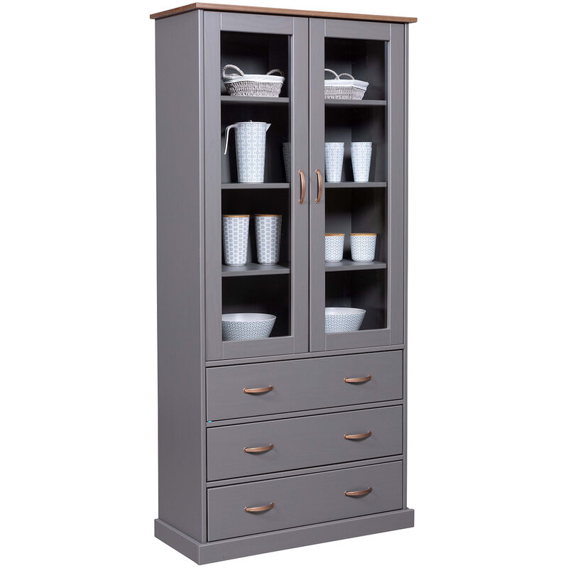 Pegane - Vaisselier vitrine en pin massif vernis gris/sépia - Longueur 90 x Profondeur 38 x Hauteur 190 cm