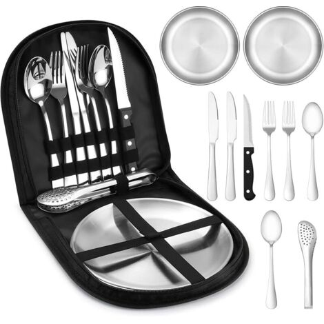 Vaisselle Camping 2 Personnes, 10 pièces Kit Couvert Camping Acier Inoxydable pour Camping, Pique-Niques et Voyages
