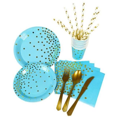 Vaisselle Carton Anniversaire - HAOPYOU - Deux Tailles - Bleu - Serviette Paille Mariages Fête Annive