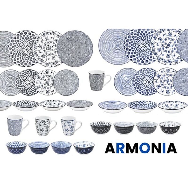 Vaisselle en porcelaine bleue Armonia – Lot de 12 assiettes – Émaillage haute résistance – Design élégant pour table moderne – Ibili