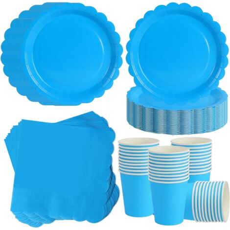 Vaisselle Jetable - 120 Pièces - Papier Bleu Ciel - Bord Festonné - Pour 40 Invités - Anniversaire Mariage