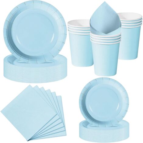 Vaisselle Jetable 50 Pièces Bleu Morandi - Carton Résistant - 13 Invités - Mariage Baby Shower