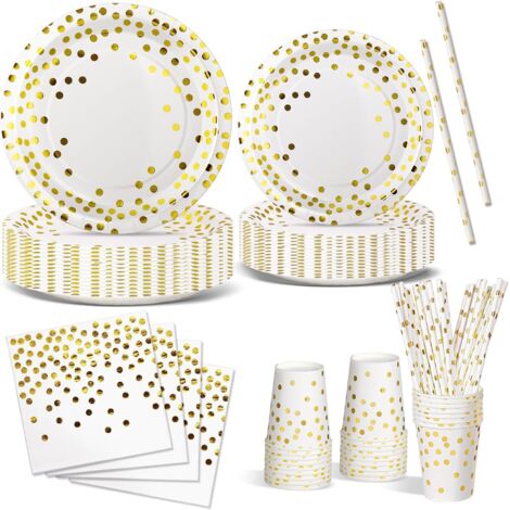 Vaisselle Jetable Anniversaire - 120 Pièces - Carton Blanc et Or - Set 24 Invités - Fête Mariage Baby Shower