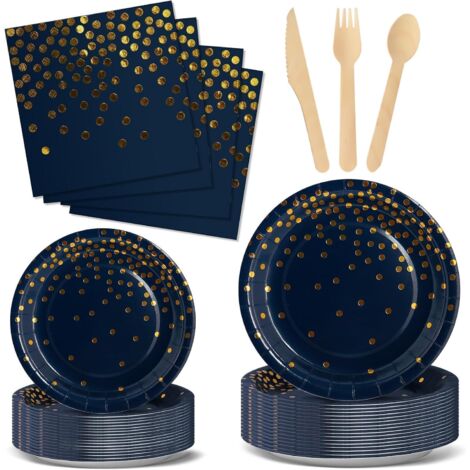 Vaisselle Jetable Anniversaire - 144 Pièces - Papier Et Bois - Bleu Marine Et Or - Pour 24 Invités - Fête Et Mariage