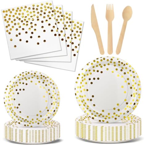 Vaisselle Jetable Anniversaire - 144 Pièces - Papier Et Bois - Pour 24 Invités - Fête Et Mariage - Blanc Et Or