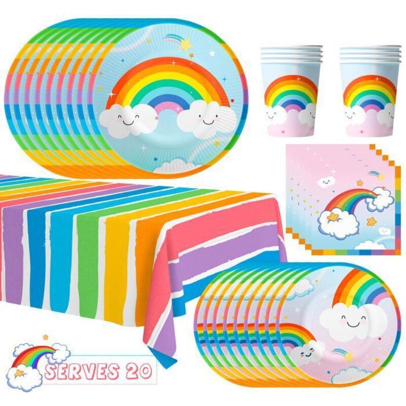 Vaisselle Jetable - Anniversaire - Arc-en-ciel - 20 Assiettes 9" - 20 Assiettes 7" - Multicolore