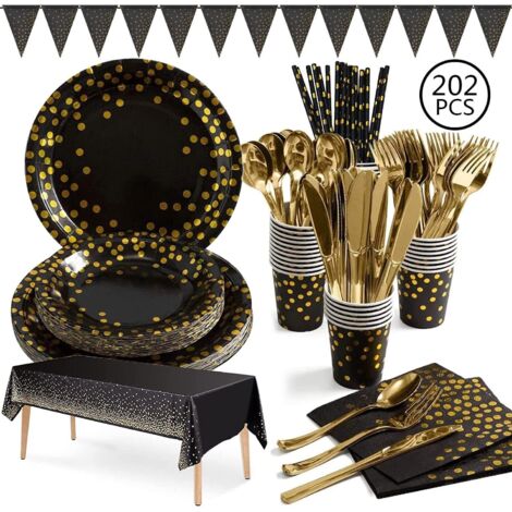 Vaisselle Jetable Noir Et Or - 202 Pièces Pour 25 Invités - Assiette Gobelet Couvert - Fête Mariage Anniversaire