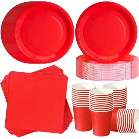 Vaisselle Jetable Rouge - 120 Pièces Pour 40 Invités - Assiettes Gobelets Serviettes - Fête Anniversaire Mariage