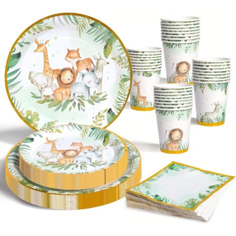 Vaisselle Jetable Safari Jungle - 24 Invités - Papier Biodégradable - Assiettes Gobelets Serviettes - Fête Anniversaire Enfant