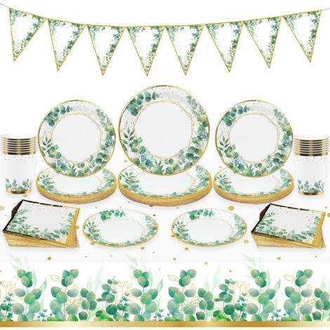 Vaisselle Jetable Vert Sauge - 24 Couverts - Papier Épais Or - Anniversaire Mariage Baby Shower