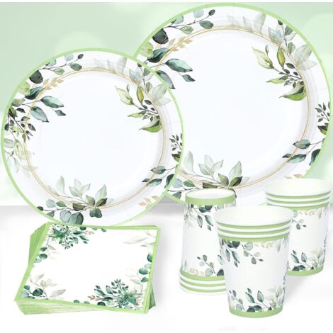 Vaisselle Jetable Vert Sauge - 96 Pièces - Carton Écologique - Assiettes Gobelets Serviettes - Anniversaire Mariage Baby Shower - 24 Invités