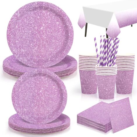 Vaisselle Jetable Violet Paillettes - 16 Invités - Papier Écologique - Assiettes Gobelets Serviettes - Mariage Anniversaire