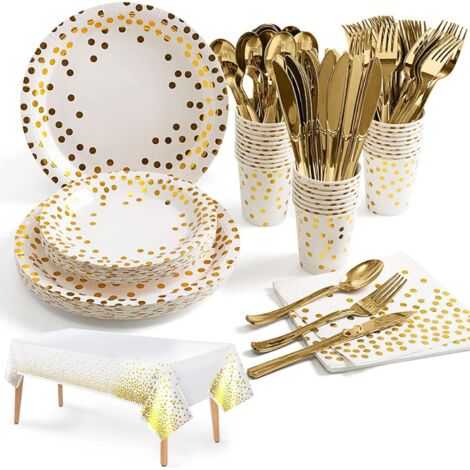 Vajilla de fiesta en oro blanco, juego de vajilla de cumpleaños, platos de papel, vasos, servilletas y vajilla reutilizable, para fiestas infantiles, bodas, baby showers y Navidad, 20 invitados.