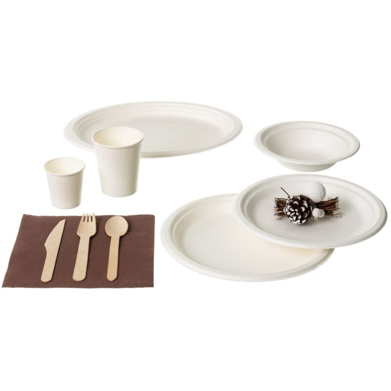 

Vajilla de Navidad biodegradable blanca de caña de azúcar para 18 personas