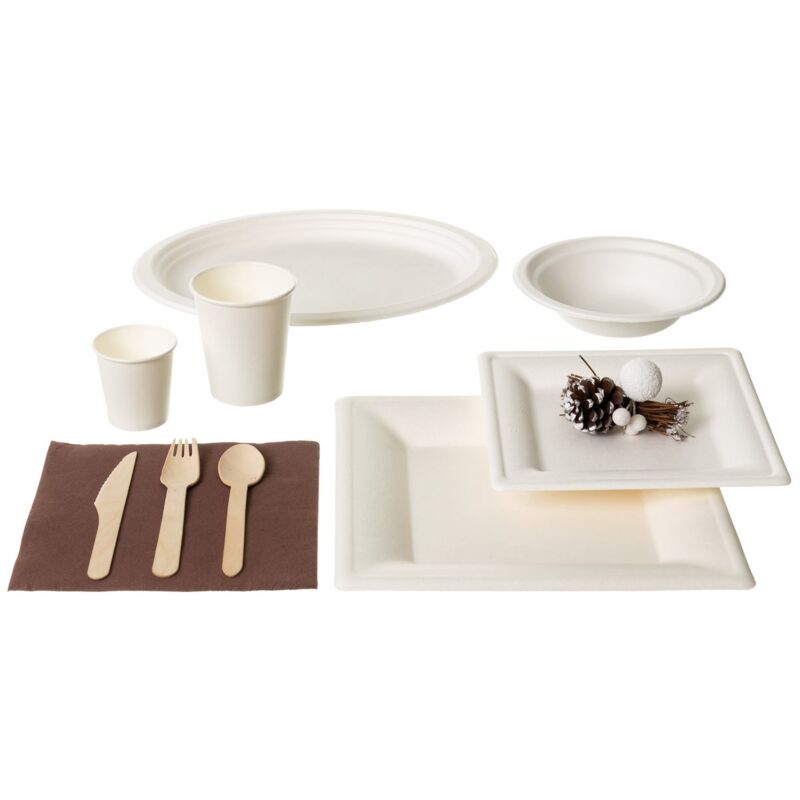 

Vajilla de Navidad biodegradable blanca de caña de azúcar para 18 personas