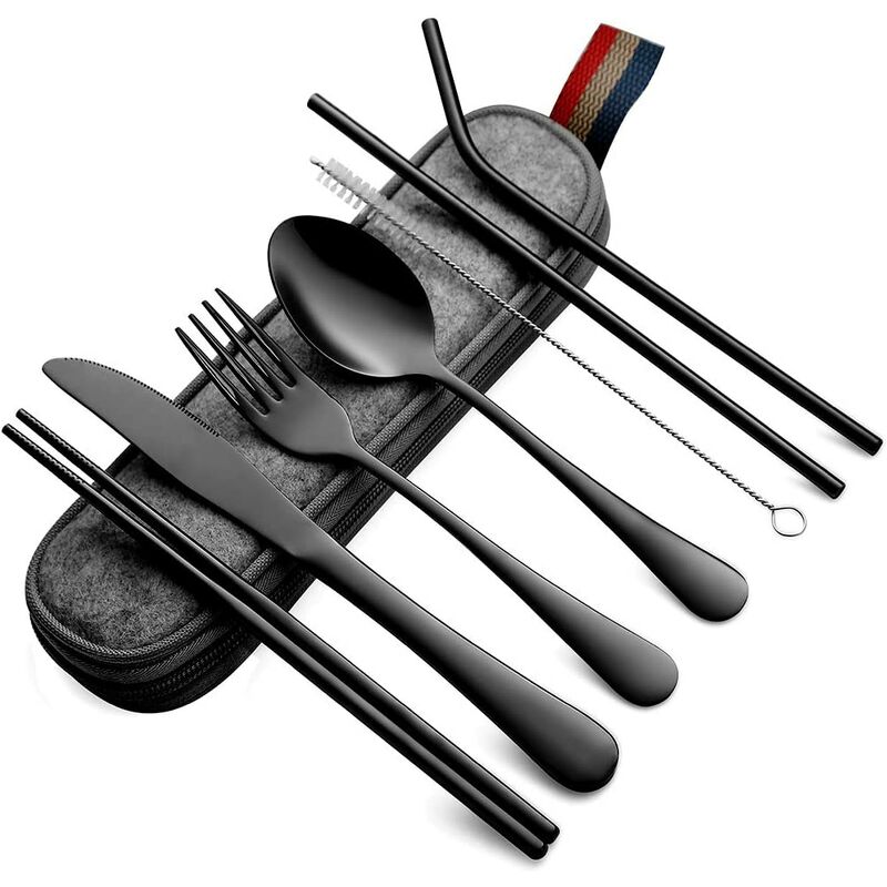 

Vajilla portátil de 7 piezas, juego de cubiertos de viaje para acampar, que incluye cuchillo, tenedor, cuchara, palillo, cepillo de limpieza,