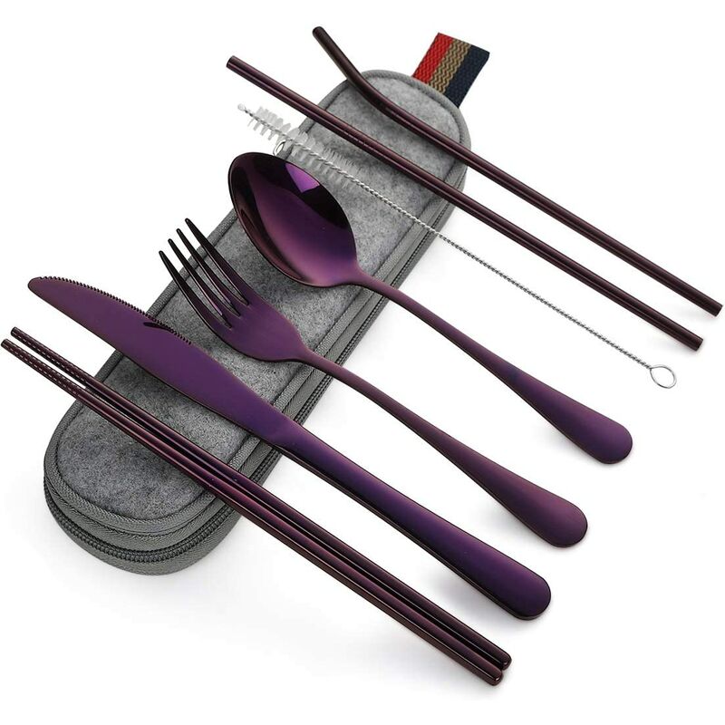

Vajilla portátil de 7 piezas, juego de cubiertos de viaje para acampar, que incluye cuchillo, tenedor, cuchara, palillo, cepillo de limpieza,