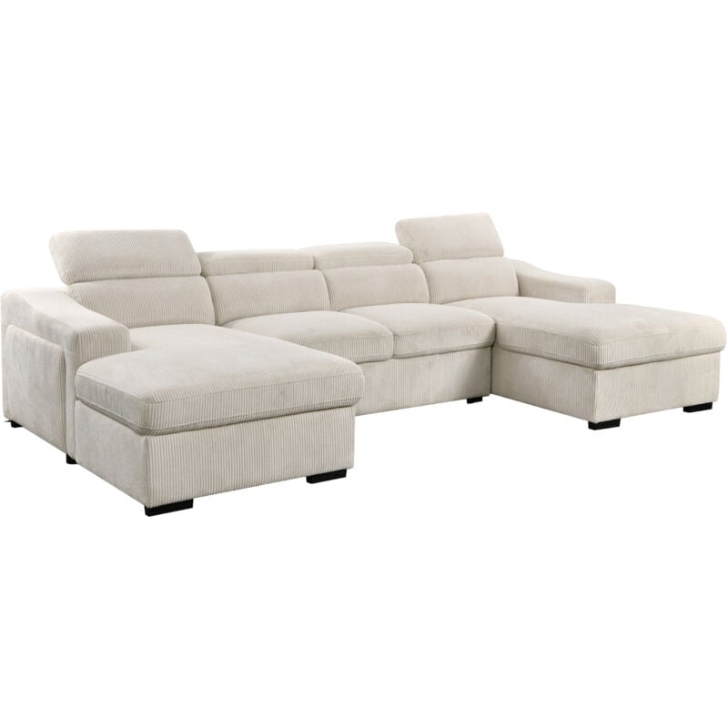 Mobilier Deco - valaya - Canapé panoramique convertible avec 2 coffres en velours côtelé épais beige