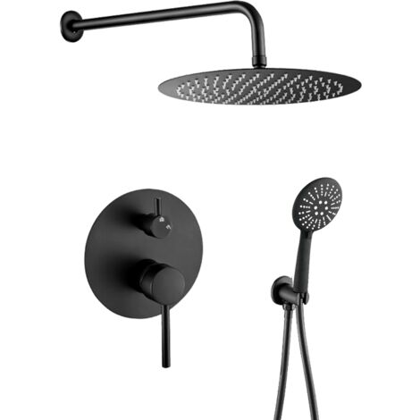 VALAZ Ducha empotrada monomando pared redonda negro mate con maneta ancha Serie Cabriel - 25cm