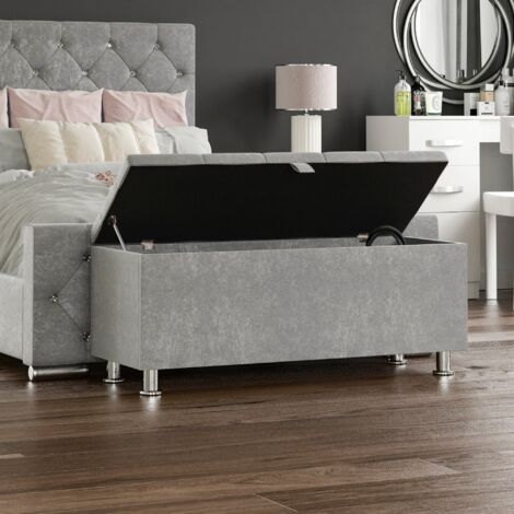 Valencia Storage Ottoman Bench Bedding Blanket Box Hallway Bedroom Chest, Crushed Velvet Silver