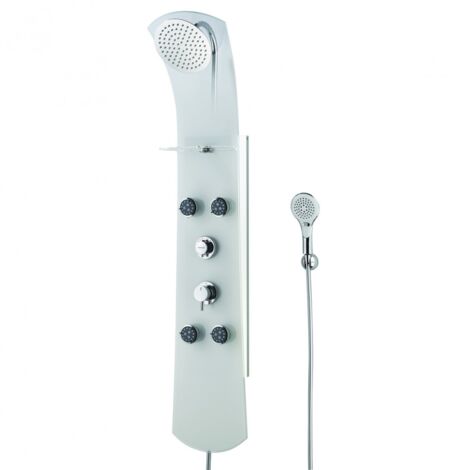 Valentin – Colonne de douche hydromassante – Verre sécurit blanc – Hauteur 145 cm – Pommeau 200 mm – 3 jets – Robinet thermostatique