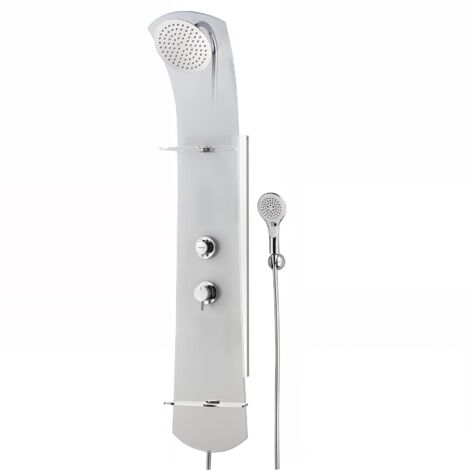 Valentin – Colonne de douche thermostatique en verre sécurit – Pomme haute inox Ø 200 mm – Robinetterie avec sécurité anti-brûlure – Flexible 1,75 m PVC argenté