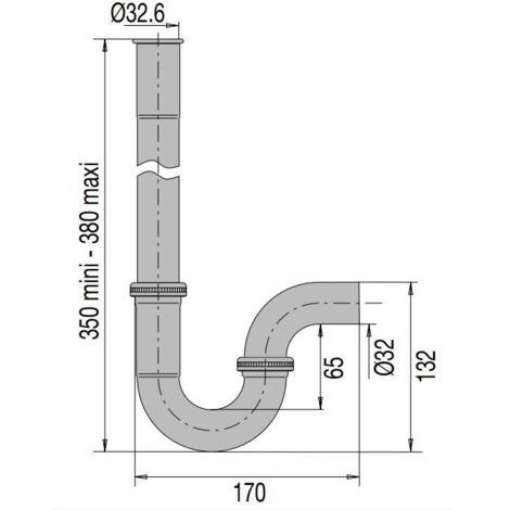 Valentin – Siphon machine à laver horizontal orientable 32 mm – Allonge réglable 350 à 380 mm – Débit 76 l/mn – Laiton chromé 360°
