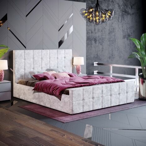 Valentina 5ft King Size Modern Fabric Ottoman Bed Frame, 150 x 200 cm, Crushed-Velvet-Silver
