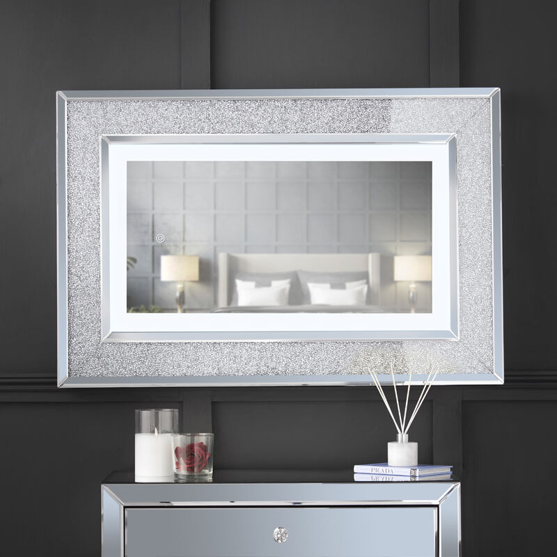 Carme Home - Valentina - Luxurious Wall Grey Mirror with Touch Sensor LED Lights Crushed Diamond Design Perfect For Bedroom Hall