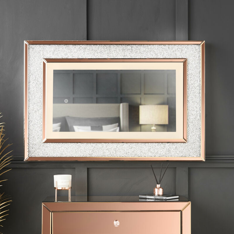Carme Home - Valentina - Luxurious Wall Rose Gold Mirror with Touch Sensor LED Lights Crushed Diamond Design Perfect For Bedroom Hall