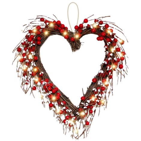 Valentinstag-Türkranz mit LED-Beleuchtung, rotem Herz mit Beeren und 20 batteriebetriebenen Lichtern, Partydekoration für drinnen und draußen