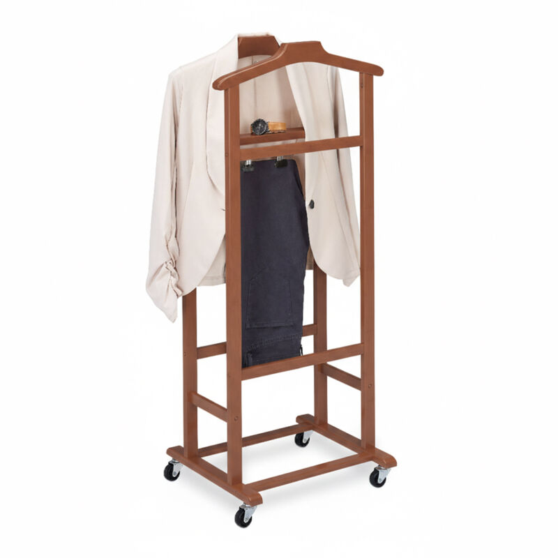 Relaxdays Valet sur roulettes, valet muet, bambou premium, porte-vêtements chambre, H x L x P 107 x 47 x 37 cm, brun
