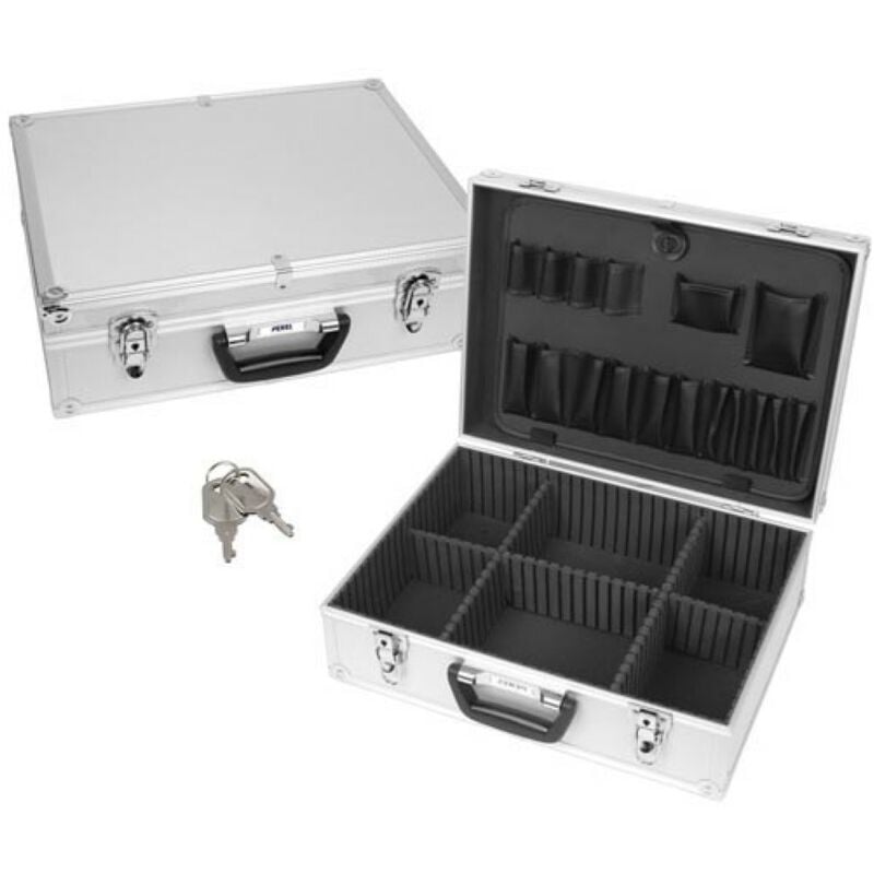 Perel - Mallette à outils, panneau porte-outils, bandoulière, séparateurs amovibles, verrouillage par clé, 2 clés, aluminium, gris, 457 x 330 x 152 mm