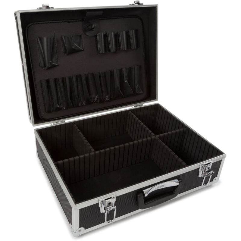 Perel - Mallette à outils vide, valise outils vide, répartition individuelle, poches à outils, verrouillable, 2 clés incl., en aluminium, noir, 455 x