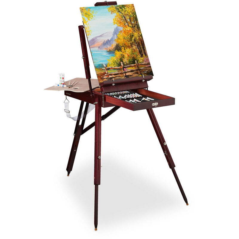 Relaxdays Valise chevalet en bois, 35 pièces, pinceaux, palette de mélange, toile, couleurs acryliques et huile, brun