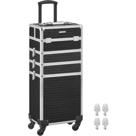 Valise de Maquillage Professionnel 4-en-1, Malette de rangement Cosmétique, XXL, 34 x 24 x 79,3 cm, Verrouillable, roulettes à 360°, pour Voyages, Manucure, Maquilleur, Coiffure, Noir - Noir