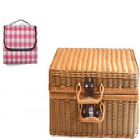 Valise En Rotin Vintage Boîte De Rangement Panier Tissé Avec Couverture Pique-Nique Couvercle Cuir Artificiel