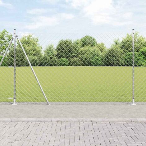 Valla de eslabones de cadena con postes Plateado 1.4 x 10 m