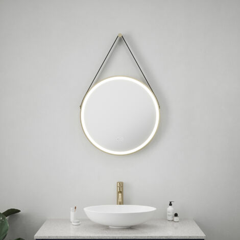 Valletta Tunable LED Mirror with Leather Strap & Brushed Gold Trim - 600 x 43mm IP44 Rated Diffused Border Dimmable Demister